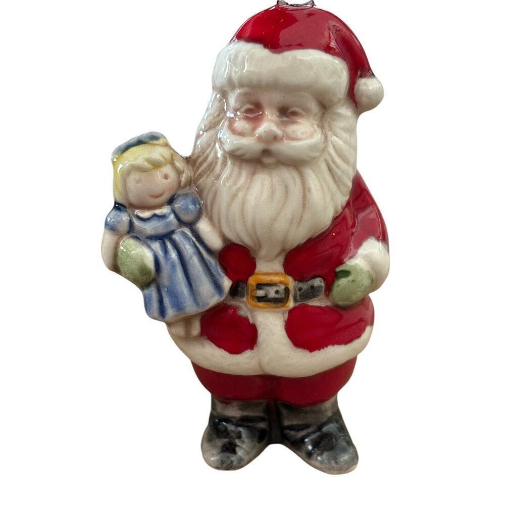 Hand painted Santa Holding Doll MCM Vintage Christmas Ornament